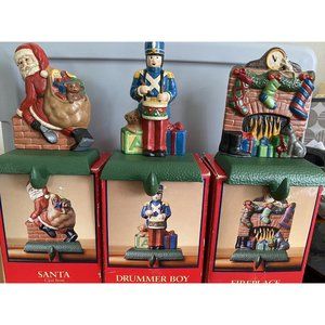Christmas Stocking Holders Santa, Fire Place, Drummer Boy, cast Iron 3 Vintage